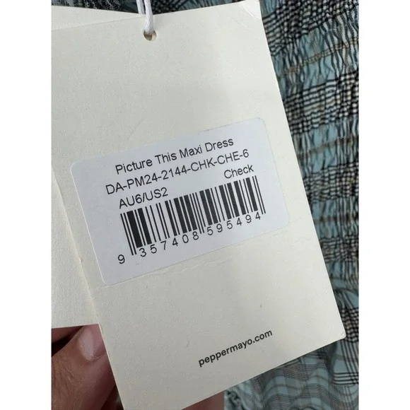 NWT Peppermayo Picture This Maxi Dress Women's 2 Gray Blue Check Pattern Party - Picture 12 of 14